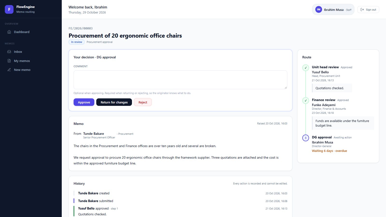FlowEngine memo page with the approver's decision panel, the memo text and a route tracker showing two steps approved and one awaiting action