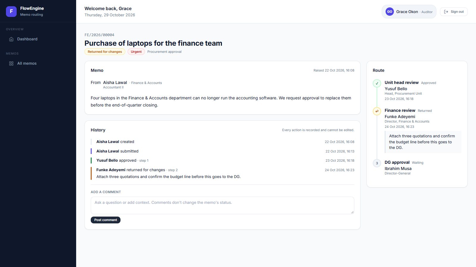 An auditor's view of a FlowEngine memo with its full history of actions