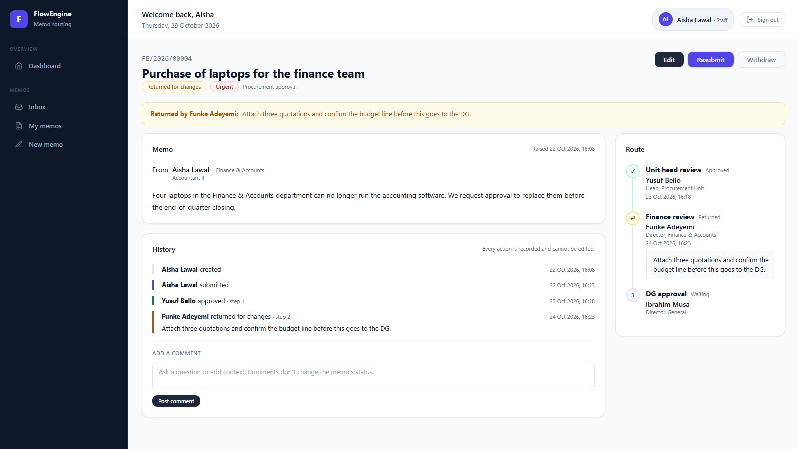 A FlowEngine memo returned for changes, showing the approver's reason, the history and the route with the returning step marked