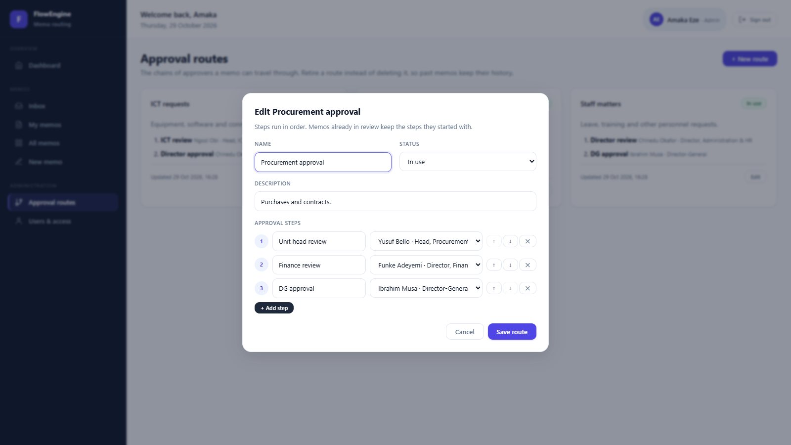 FlowEngine route editor with three ordered approval steps, each with a title and an approver